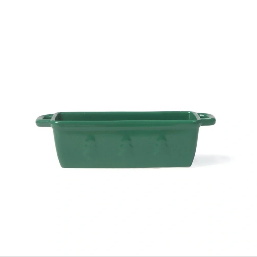 New! Green Holiday Bread Loaf Pan w/ Christmas Trees on sides Target Bullseye
